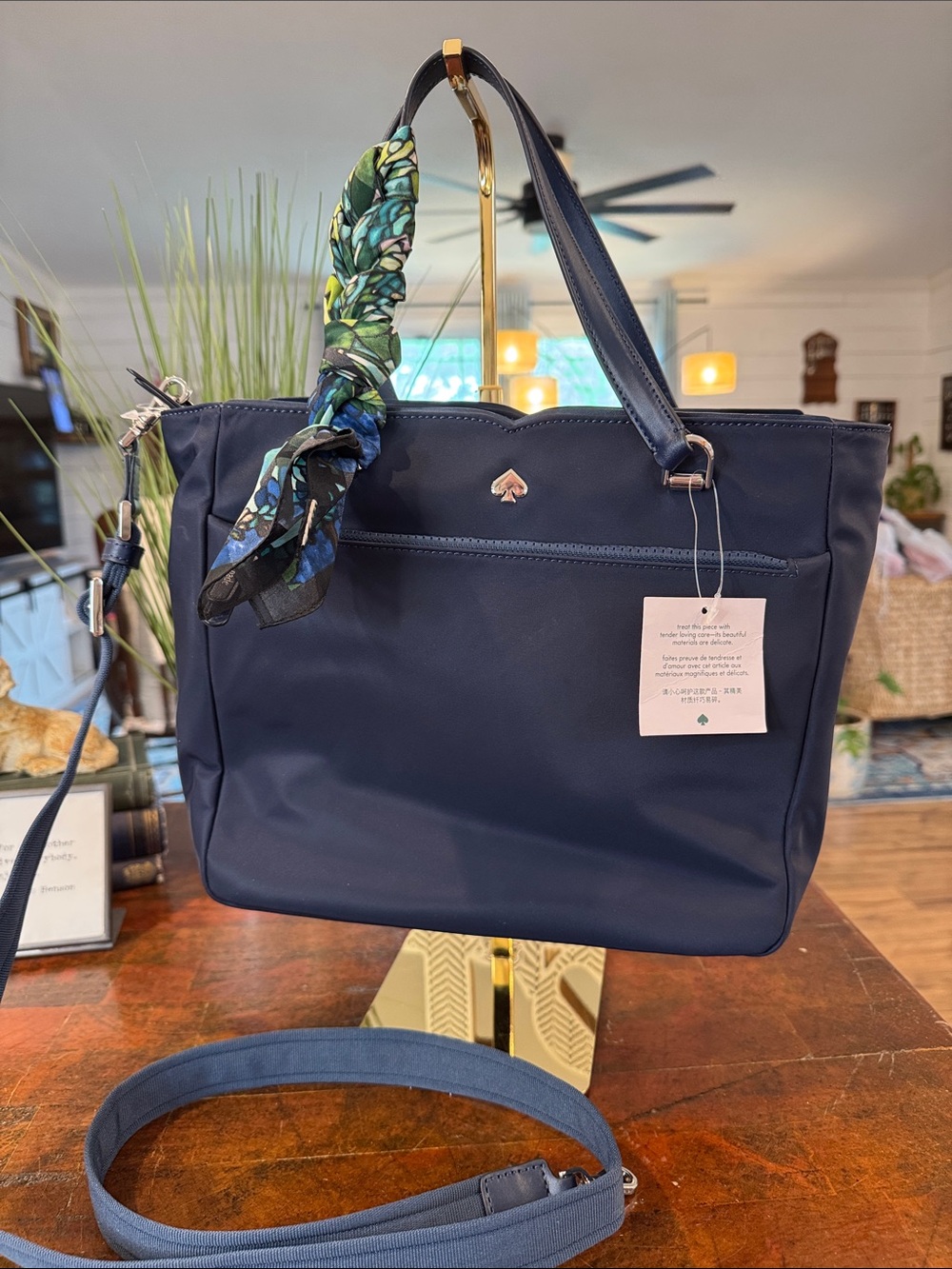 💕kate spade navy tote with patterned scarf detail